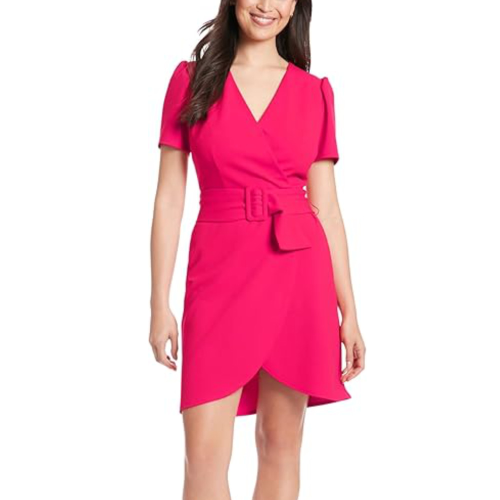 NWT London Times Women's Puff Sleeve Belted Wrap Style Mini Dress